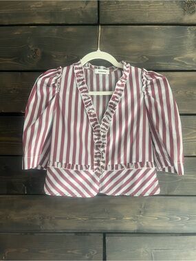 Sandro Burgundy & White Striped Ruffle Blouse